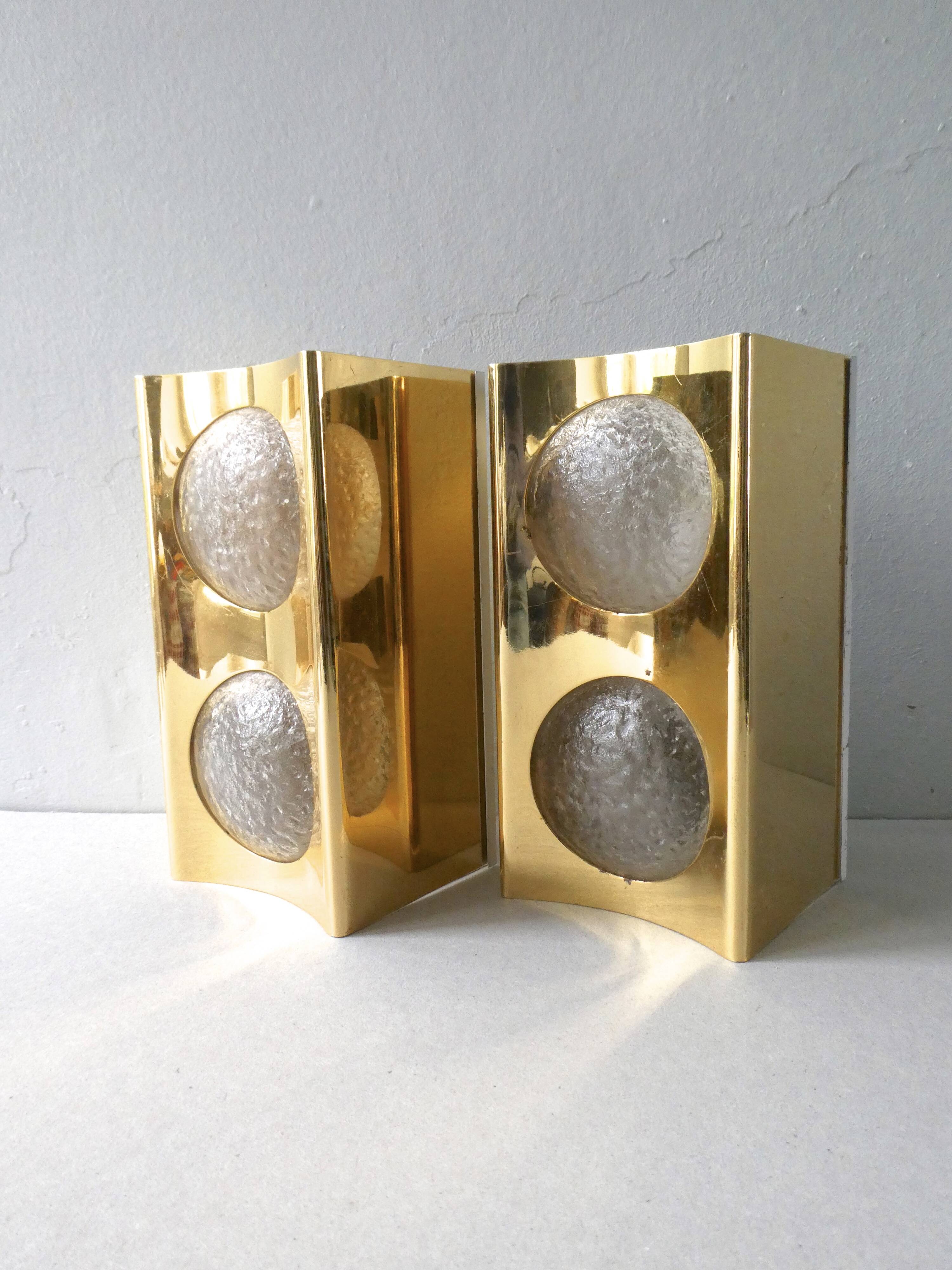Pair of gold metal and frosted glass sconces