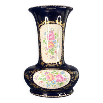 1930s C.A.S. Limoges French Cobalt Blue and Flower Vase, Hand Painted, Porcelain