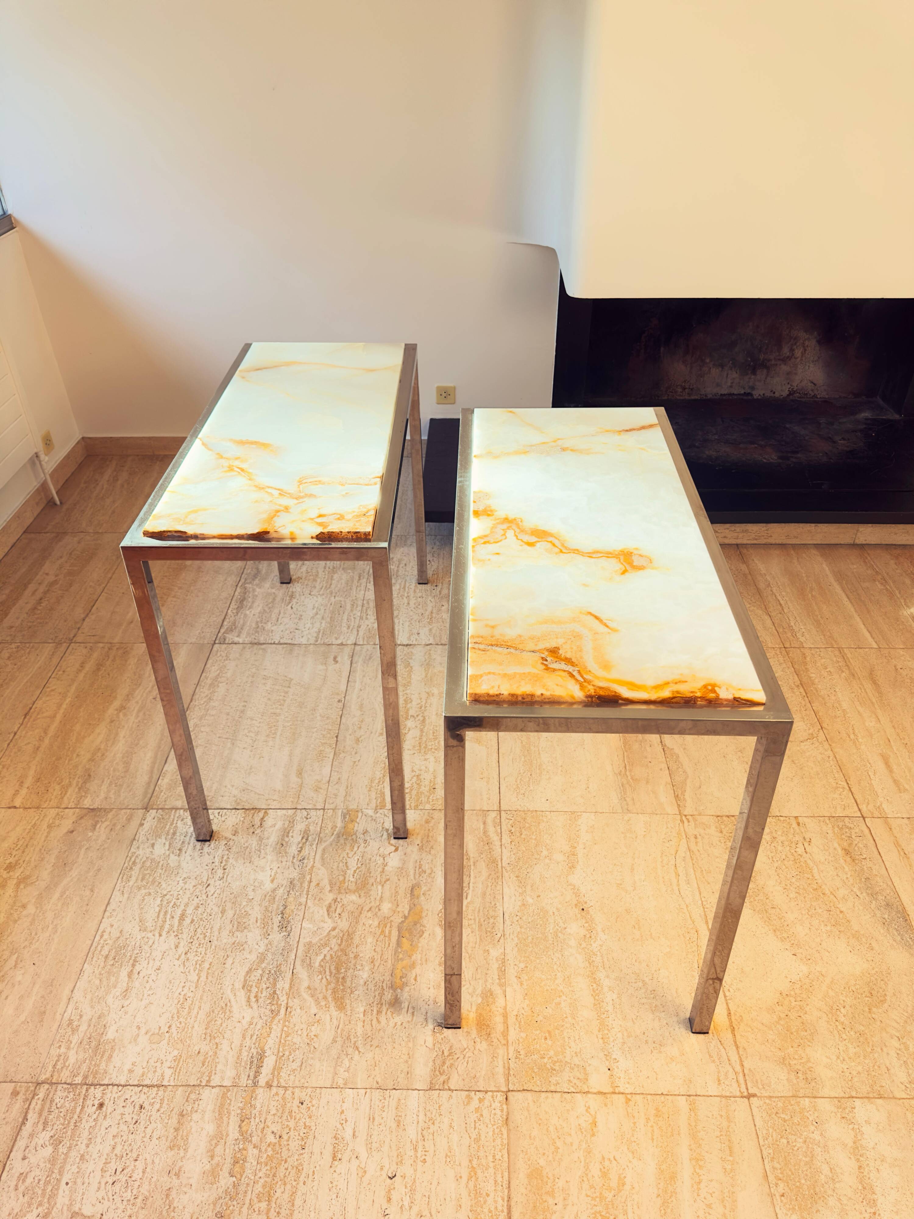 Pair of Italian Console Tables in Marble and Chrome, 1970s