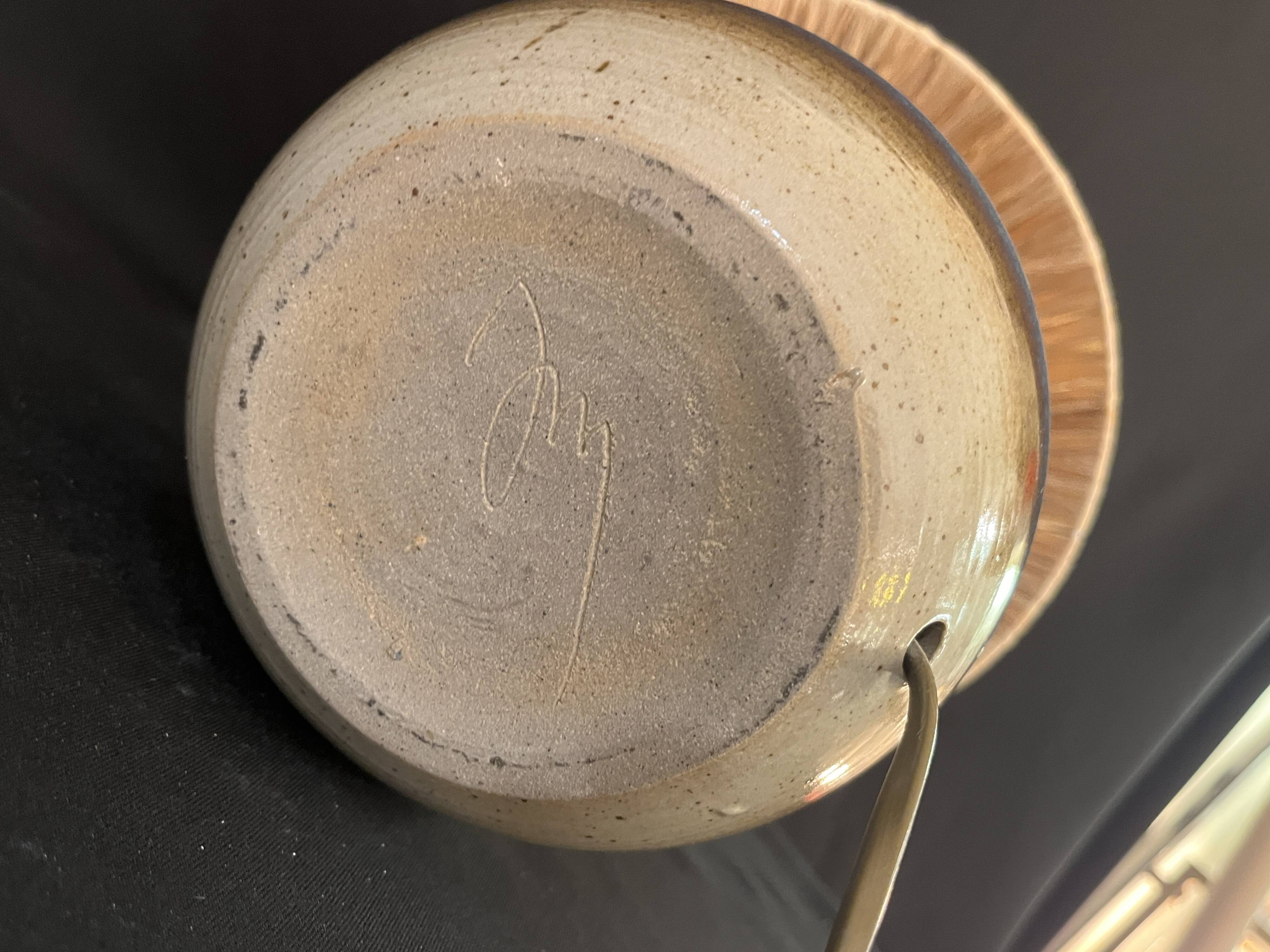 Vintage stoneware ceramic lamp signed JM, 1970s/80s, bohemian raffia rope lampshade