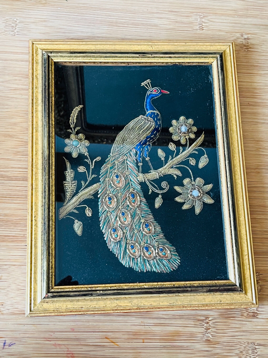 Embroidered peacock frame