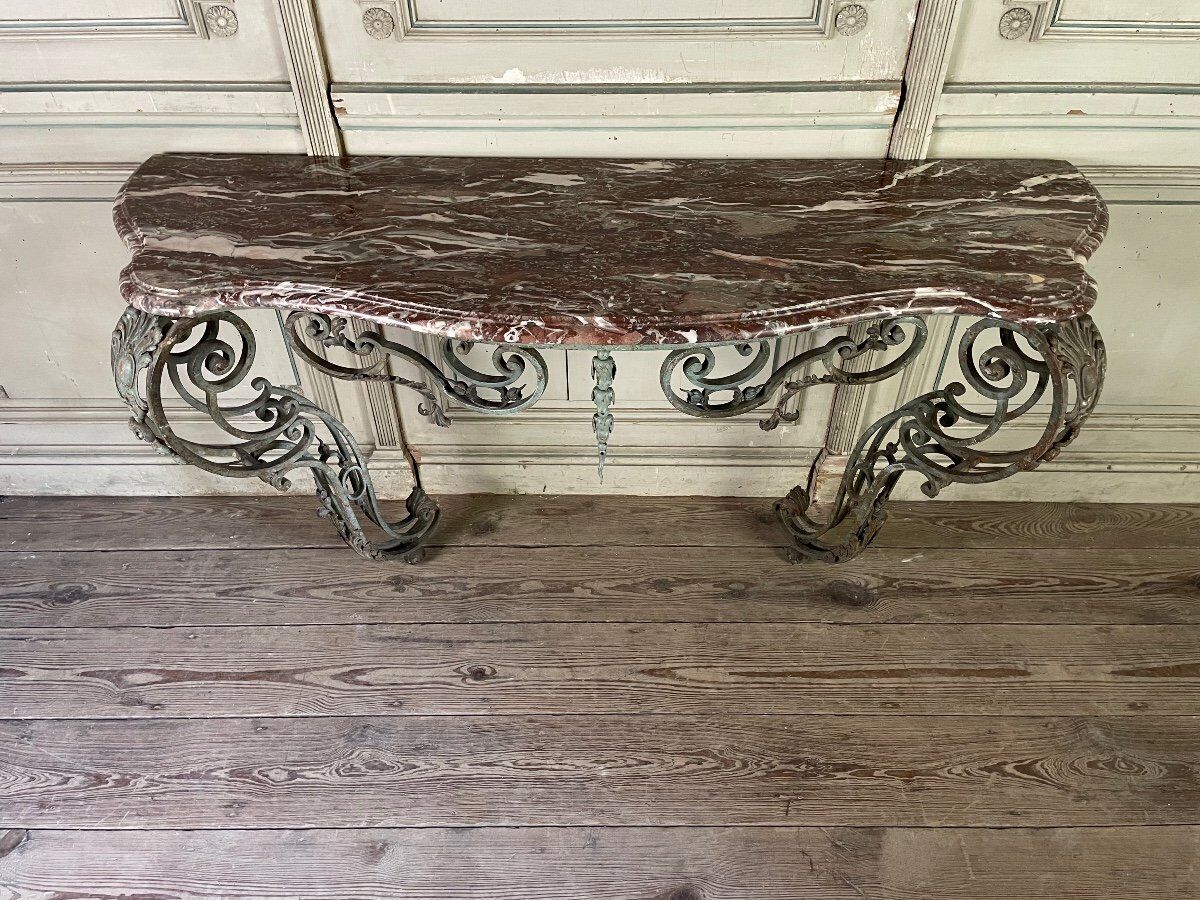 Wrought iron console and its marble, circa 1880