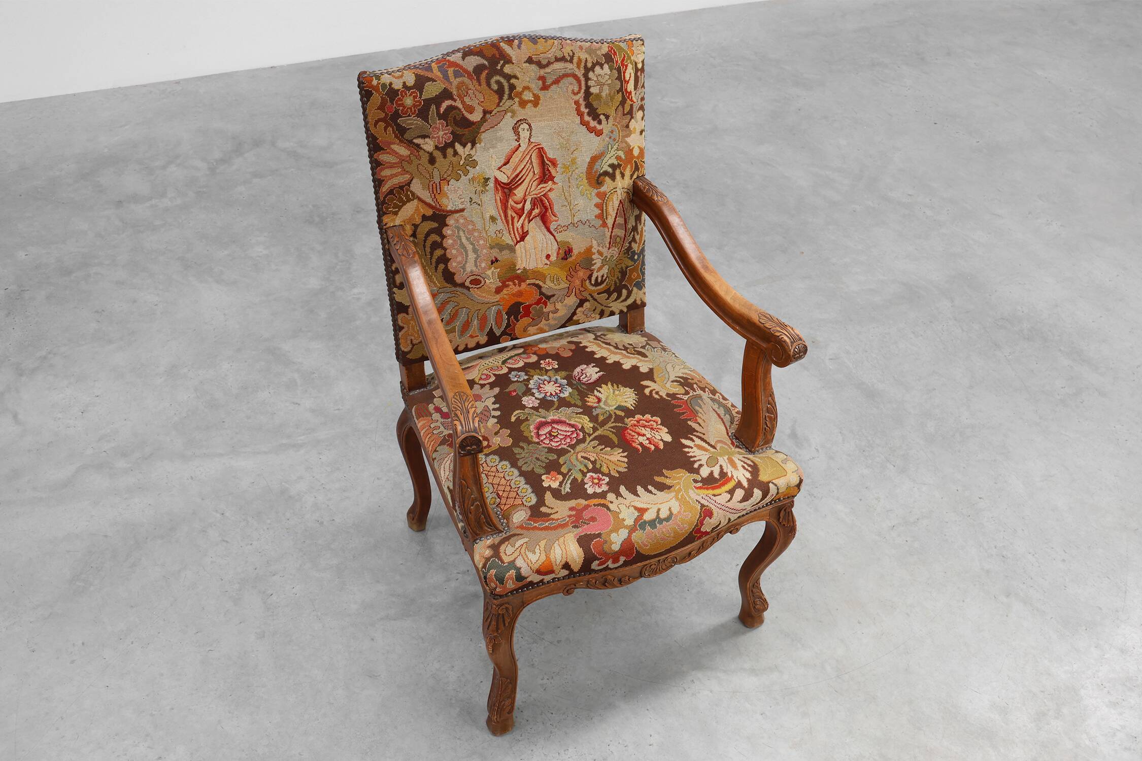 Louis XV Style Carved Walnut Armchair with Needlepoint Upholstery, France