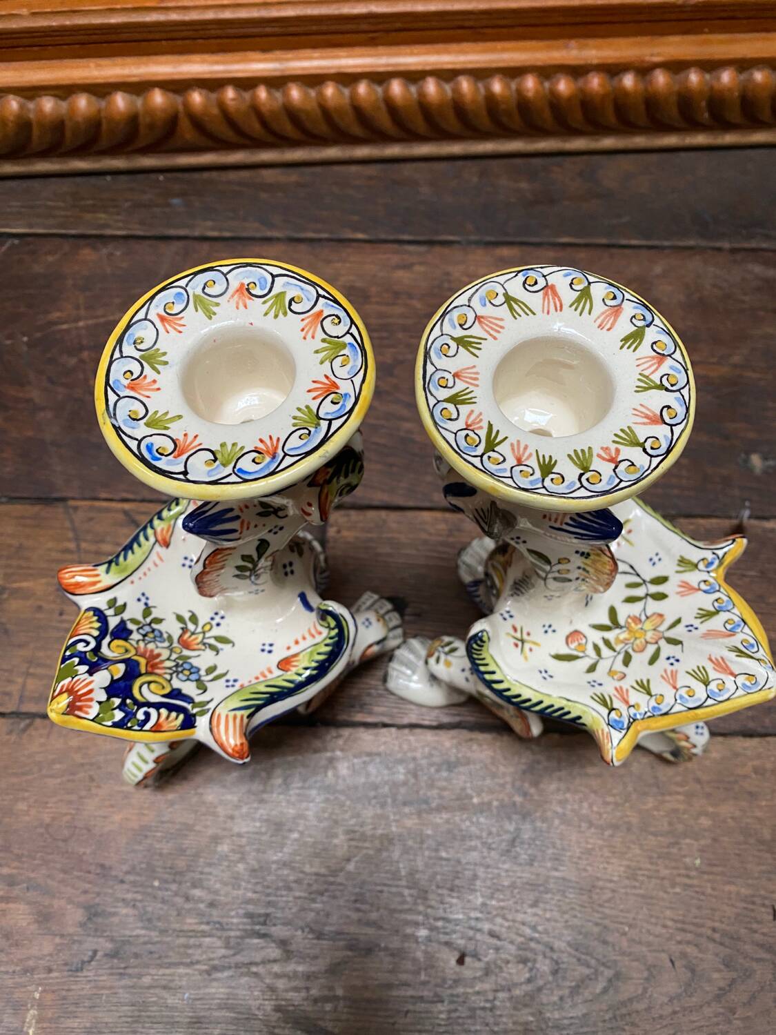 Griffon candlesticks in Old Rouen earthenware