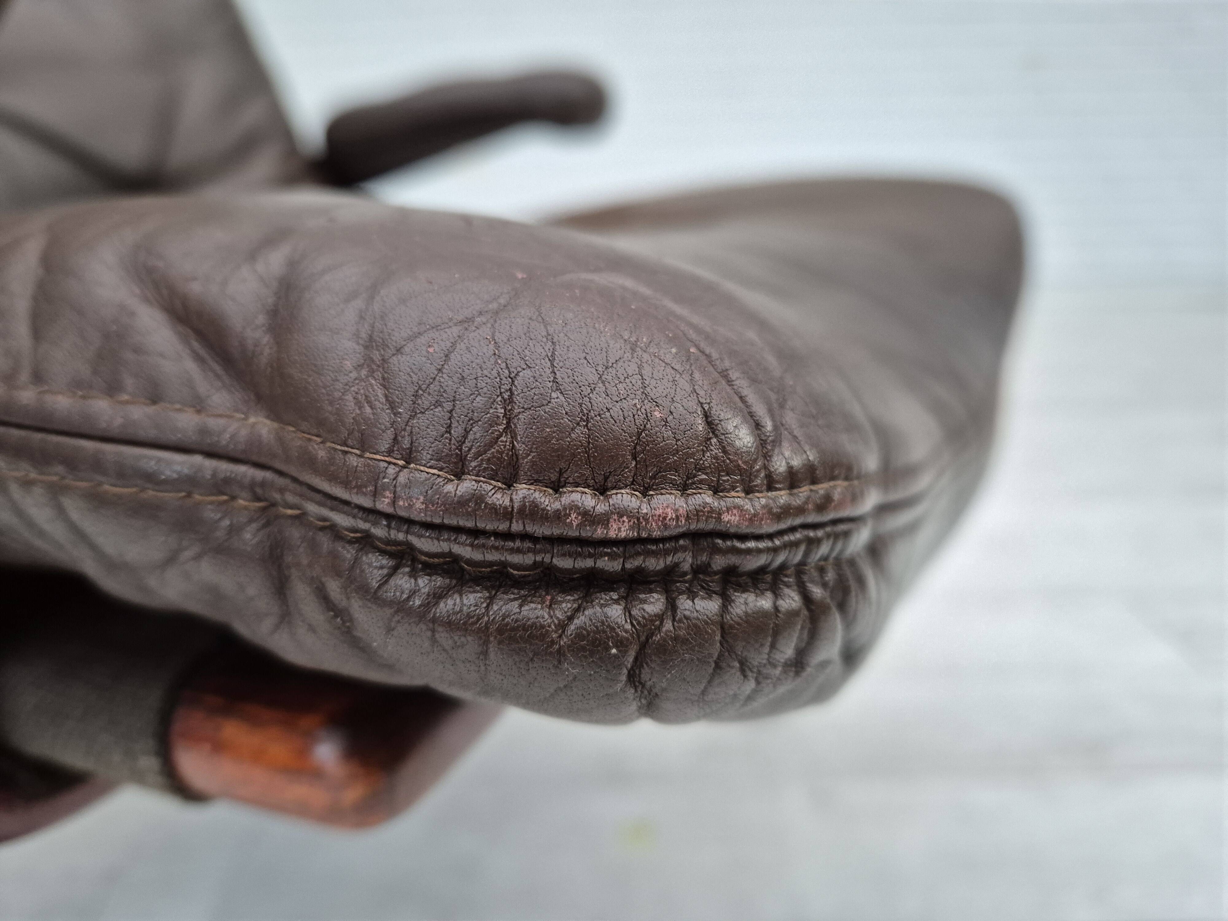 1970s, Scandinavian armchair, original condition, furniture leather, bent wood, canvas.