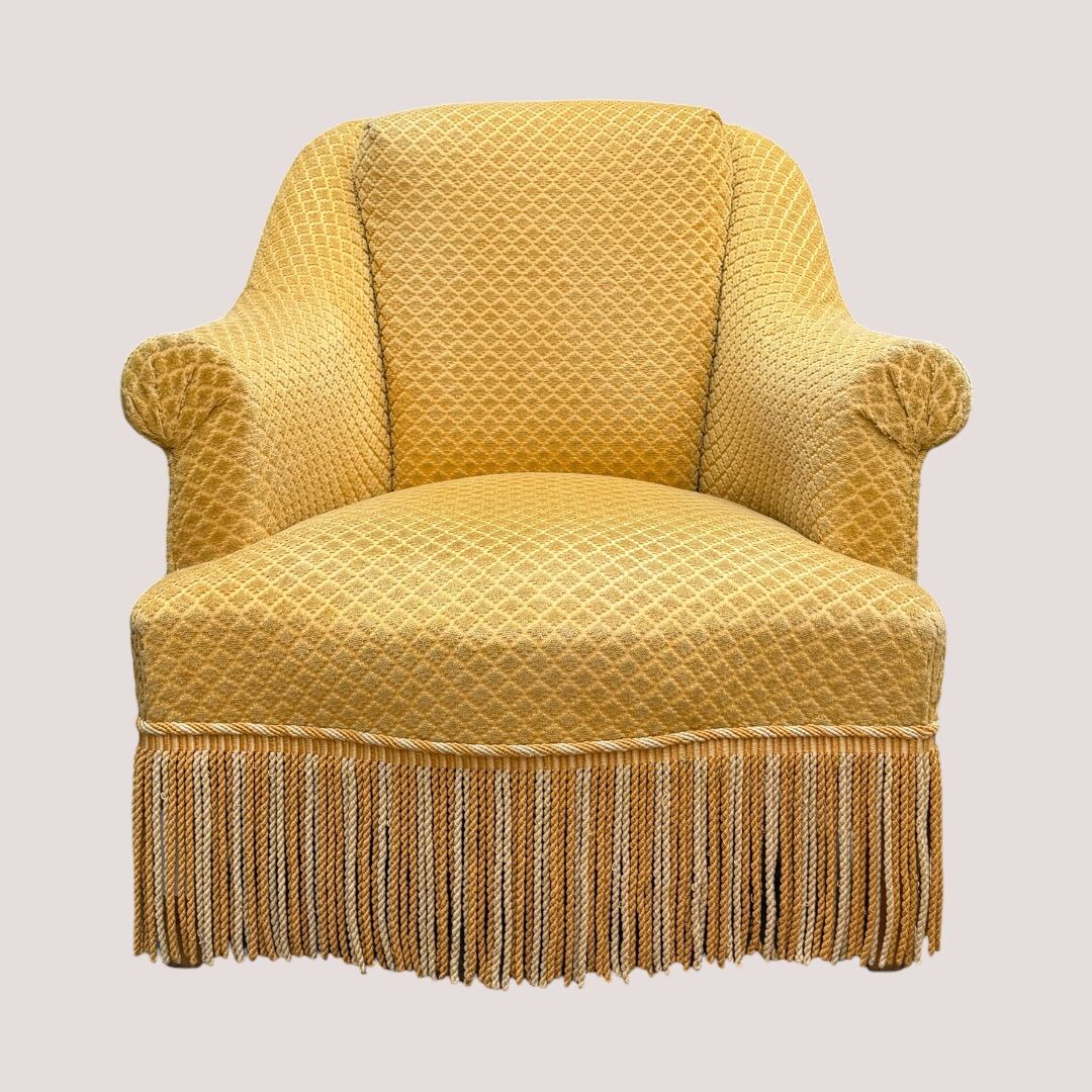 Fauteuil crapaud vintage jaune moutarde velours floqué