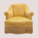 Fauteuil crapaud vintage jaune moutarde velours floqué
