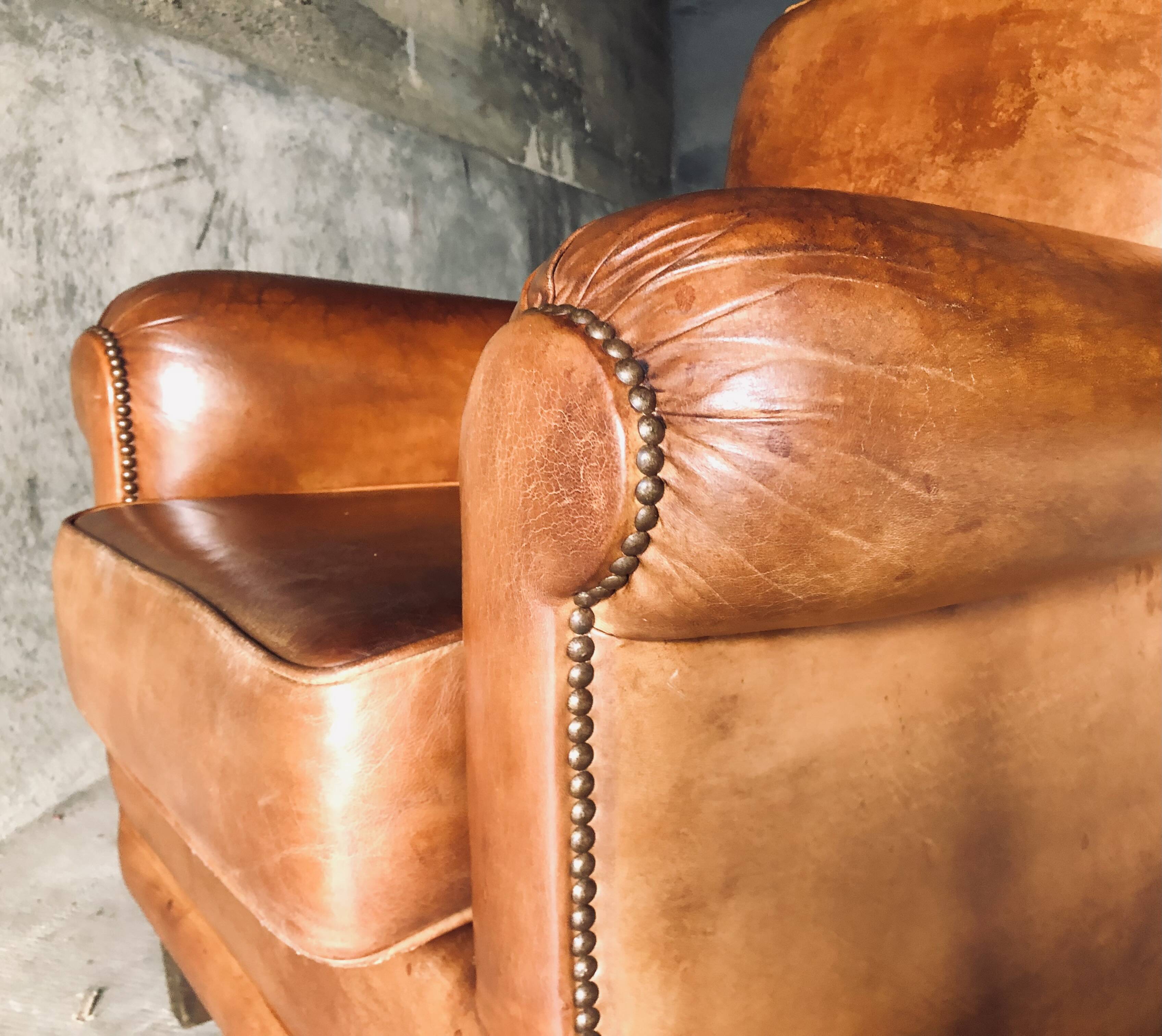 Fauteuil Club vintage en cuir « cognac »