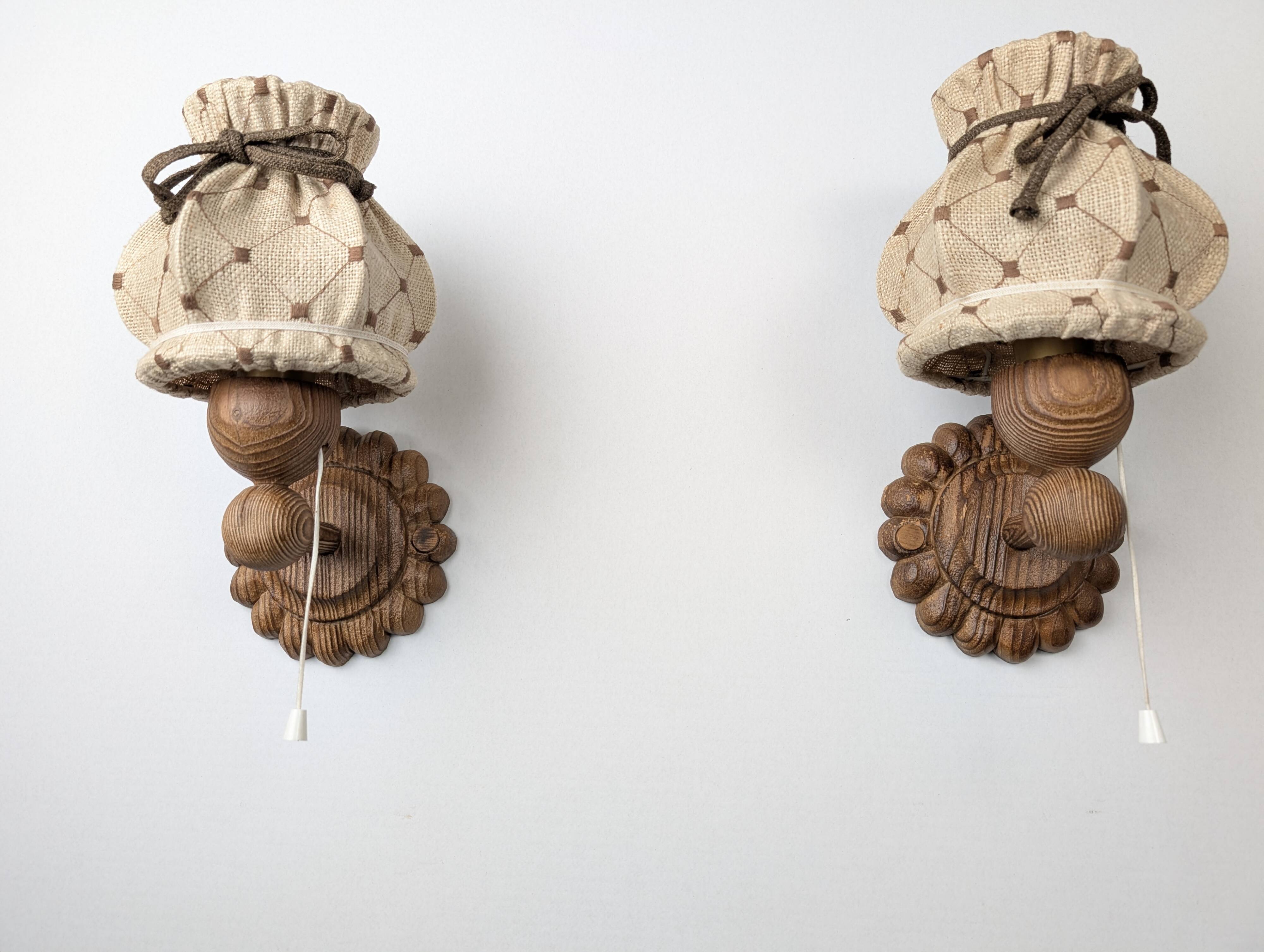 Pair of carved pine wall lights with jute shades, Swedish design, 1970s