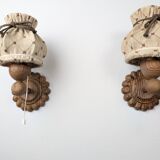 Pair of carved pine wall lights with jute shades, Swedish design, 1970s