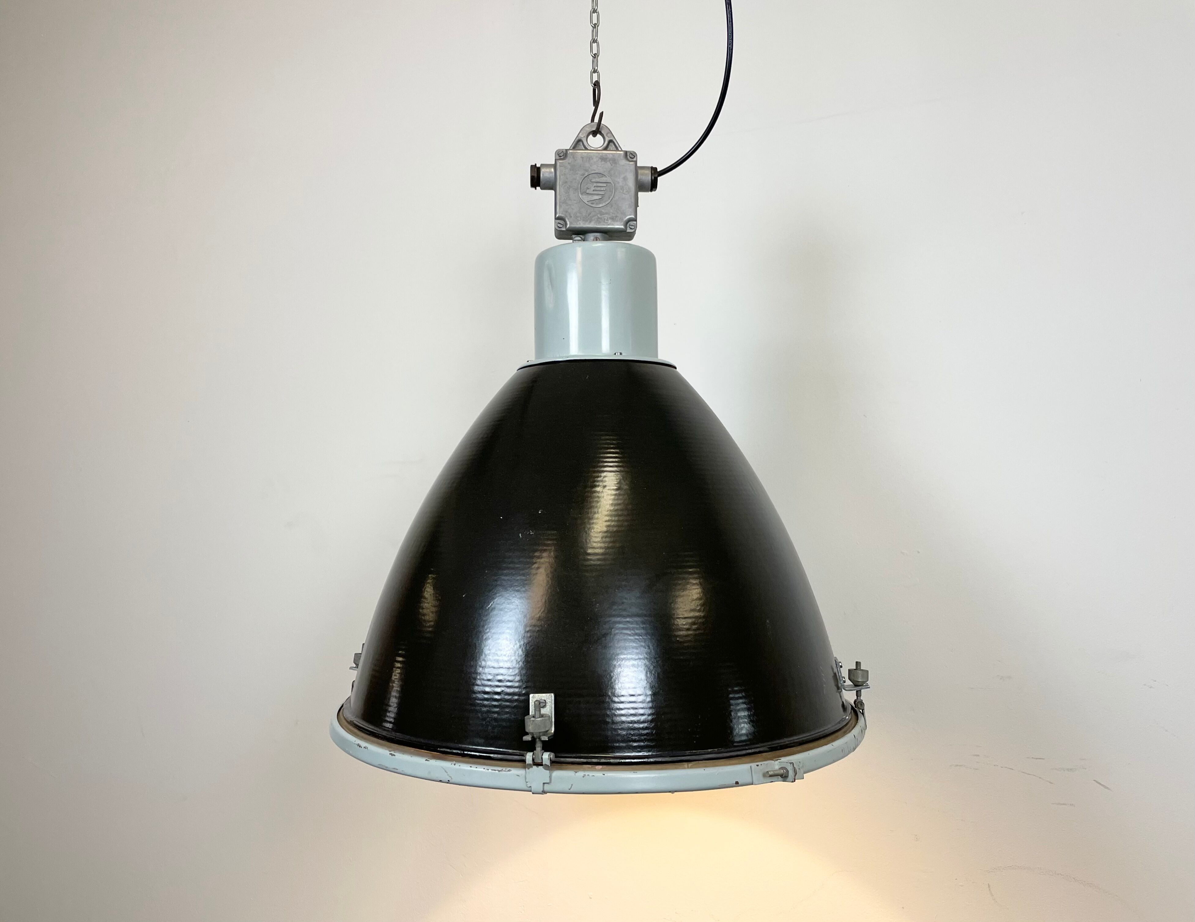 Industrial black enamel factory lamp with glass cover, 1960s