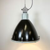 Industrial black enamel factory lamp with glass cover, 1960s