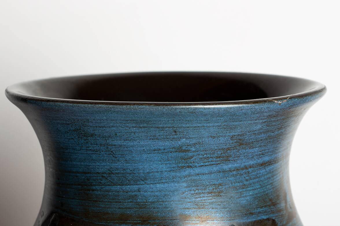 Vallauris, Modernist Vase, blue glazed ceramic, Jean de Lespinasse.