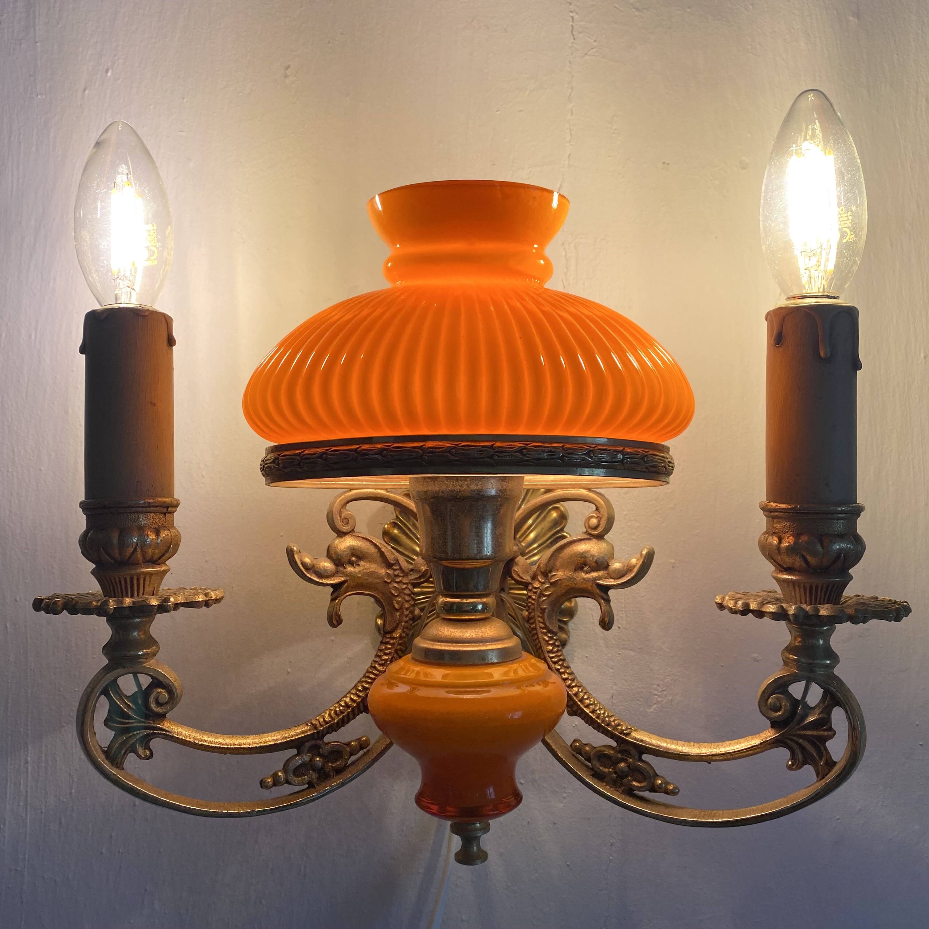 Double wall light in brass and orange opaline, 1960s.