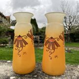 Pair of orange Legras Art Deco enameled glass vases