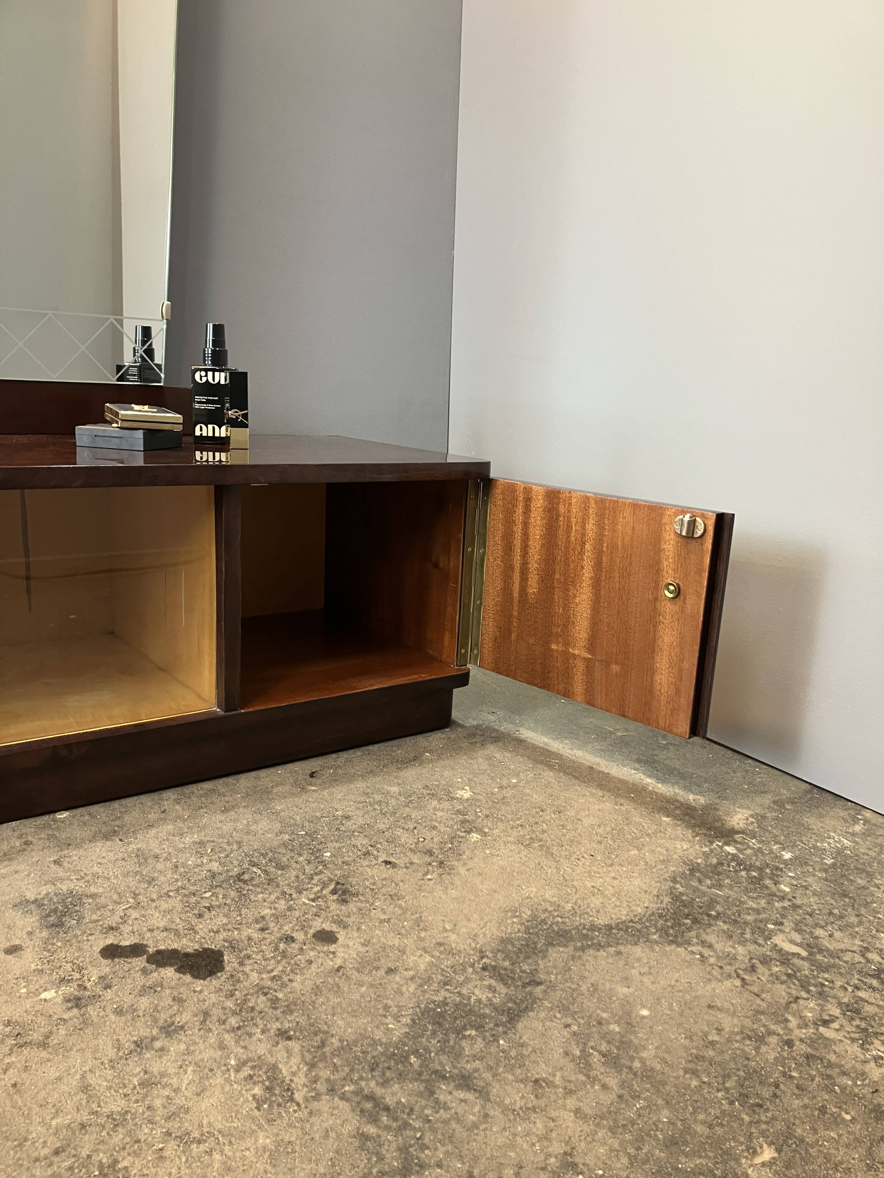 Mirror chest of drawers, flamed birch stained, vintage from the 50s