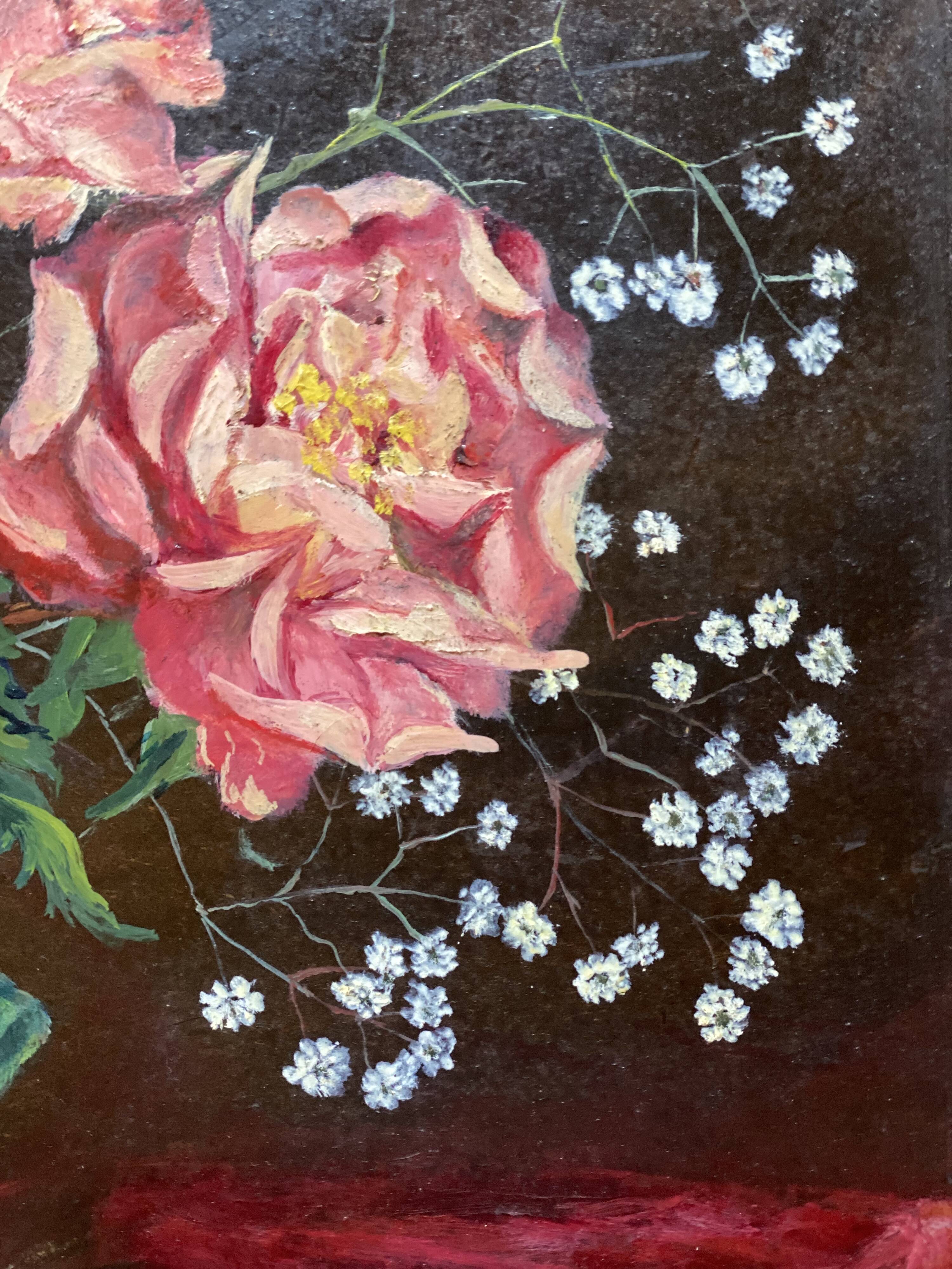 Antique still life painting signed, bouquet of roses in a jug Vallauris