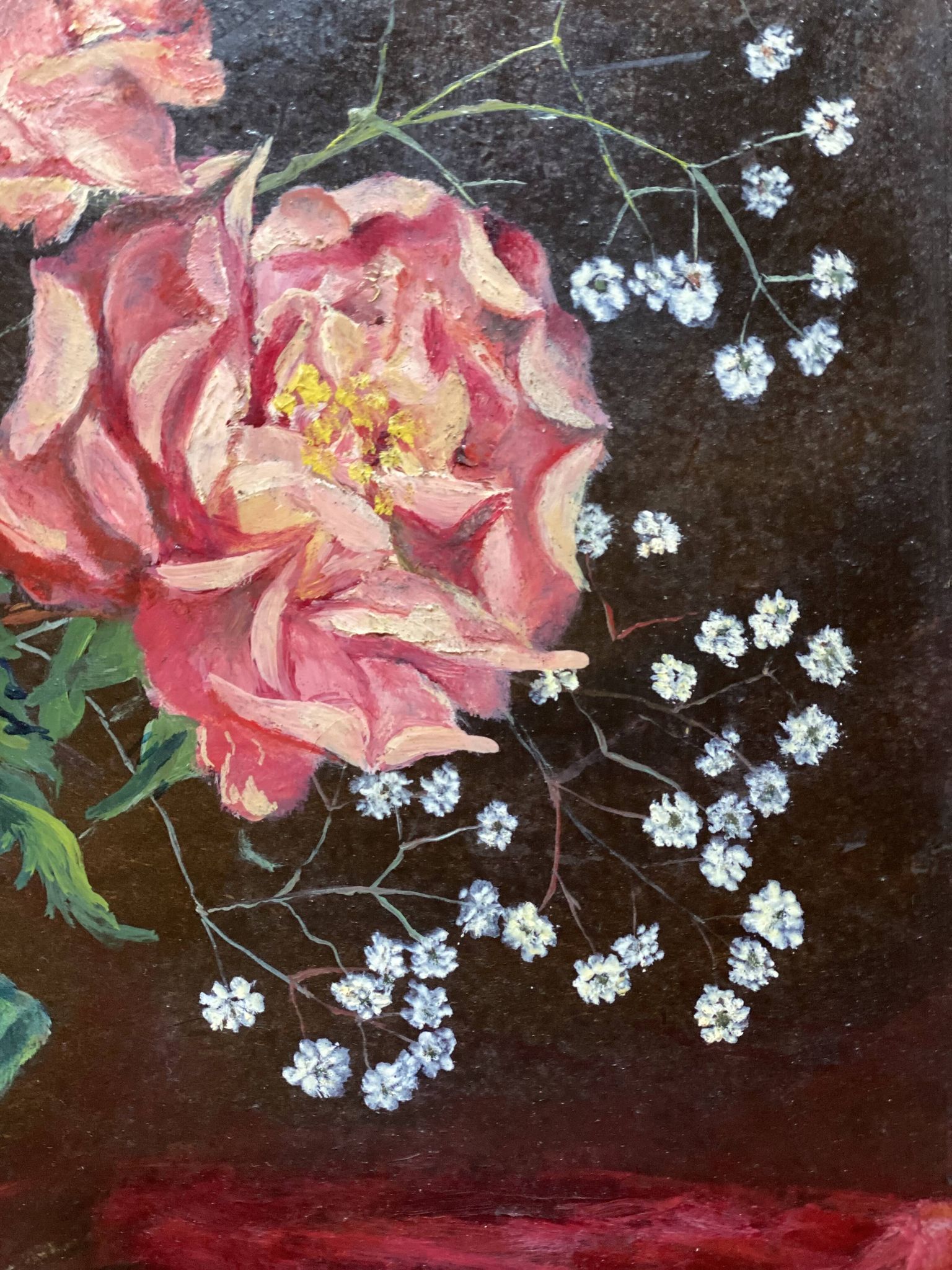 Antique still life painting signed, bouquet of roses in a jug Vallauris