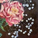 Tableau ancien nature morte signé, bouquet de roses en cruche Vallauris