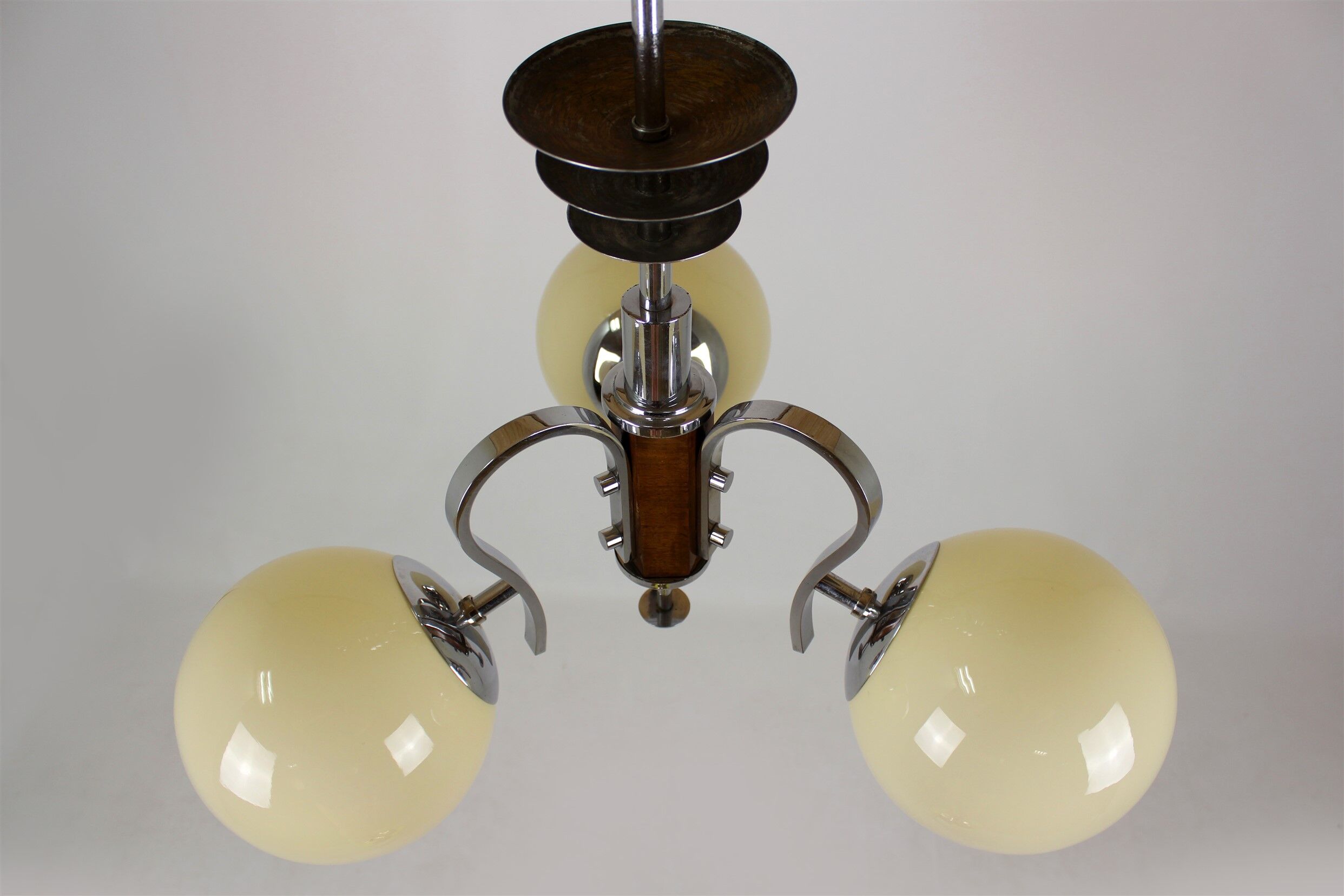 Bauhaus chrome & wood chandelier, 1940