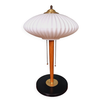 Large Scandinavian table lamp in white opaline glass and teak