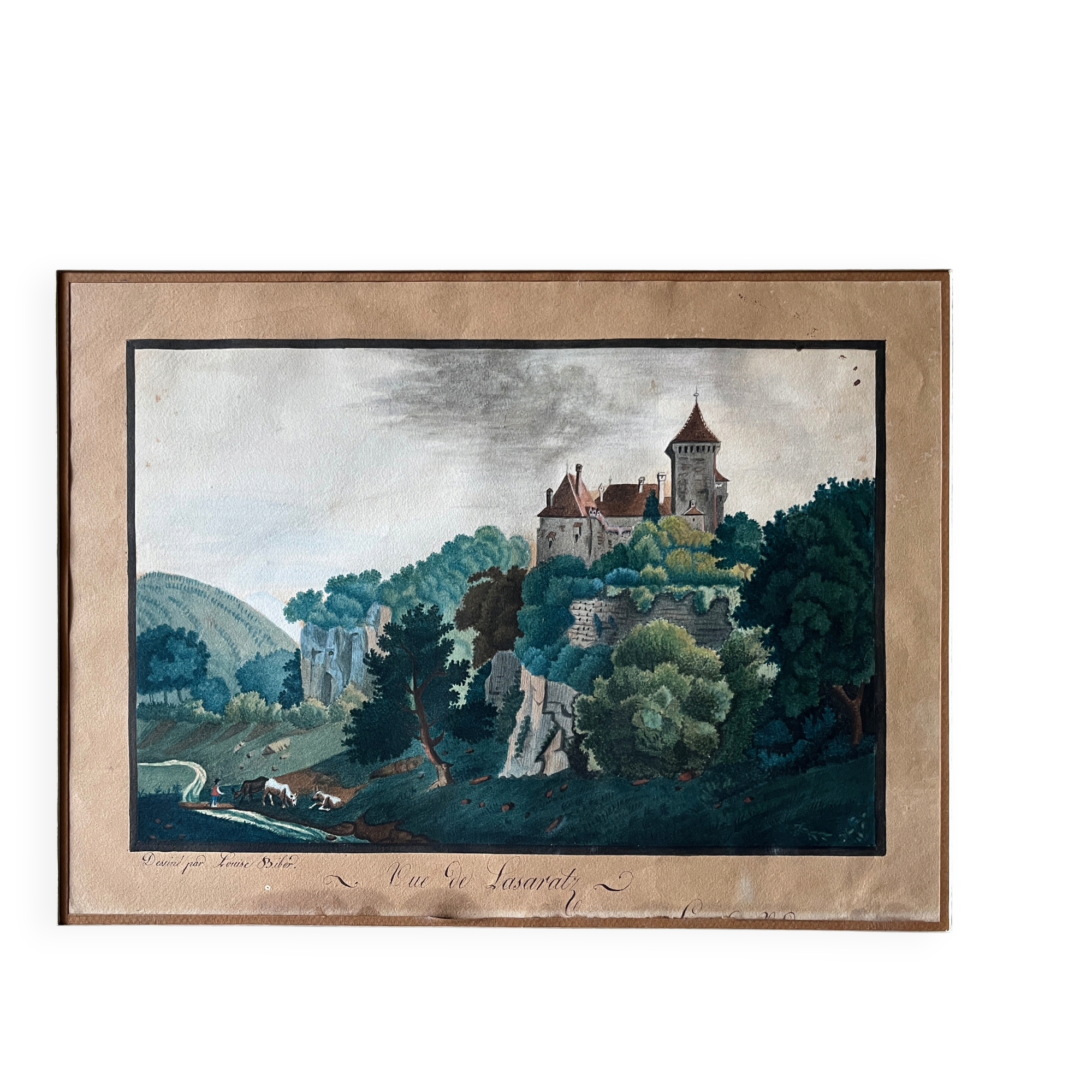 Tableau aquarelle XVIII° "Vue de Lasaratz - château de Sarraz" Canton de Vaud