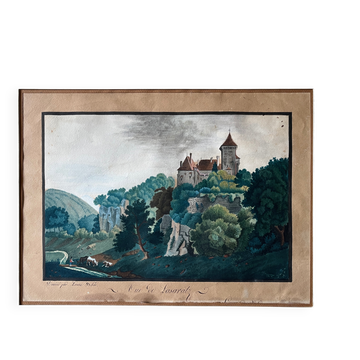 Tableau aquarelle XVIII° "Vue de Lasaratz - château de Sarraz" Canton de Vaud