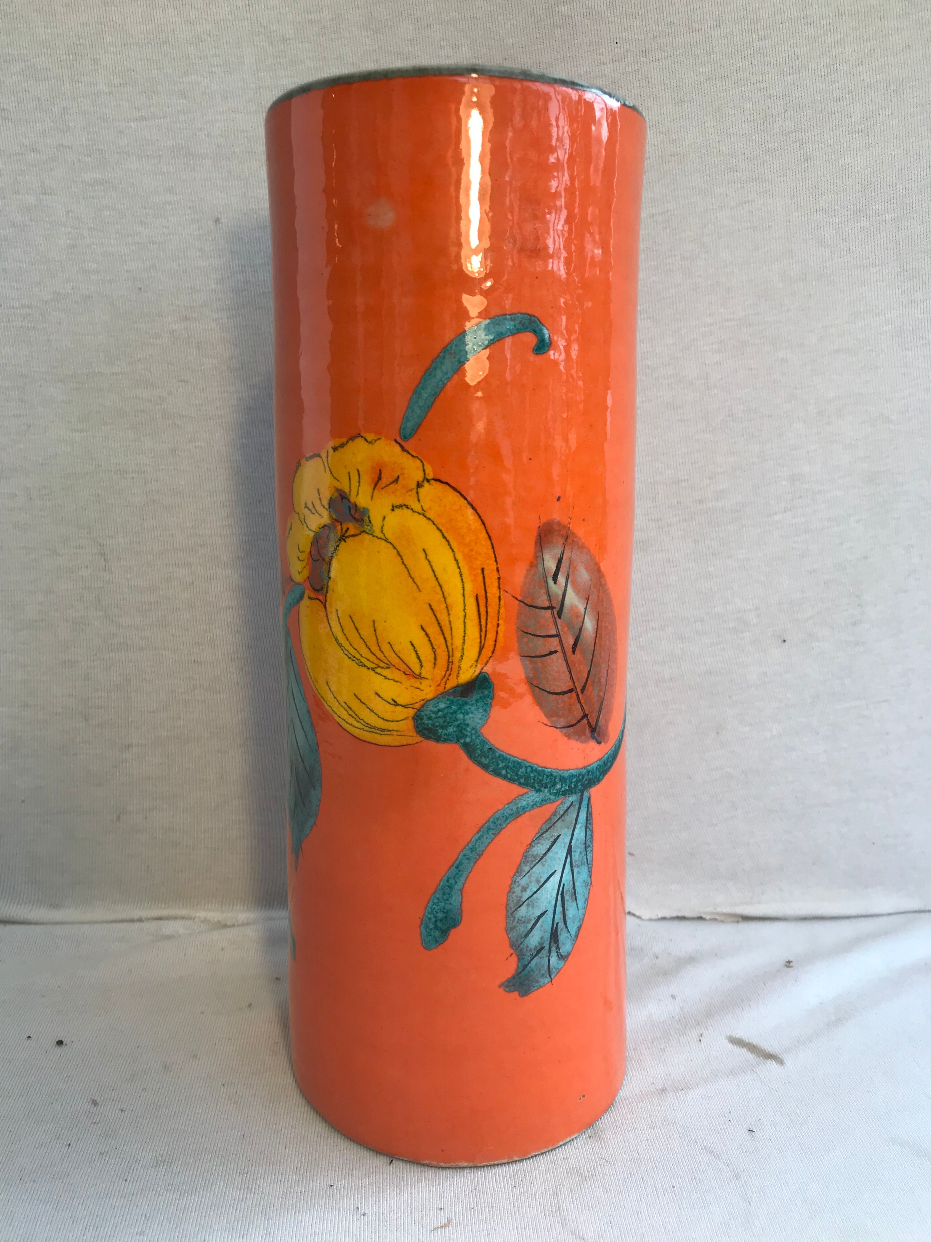 Ancient orange ceramic roll vase drawing flowers made in Italy vintage