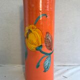 Ancient orange ceramic roll vase drawing flowers made in Italy vintage