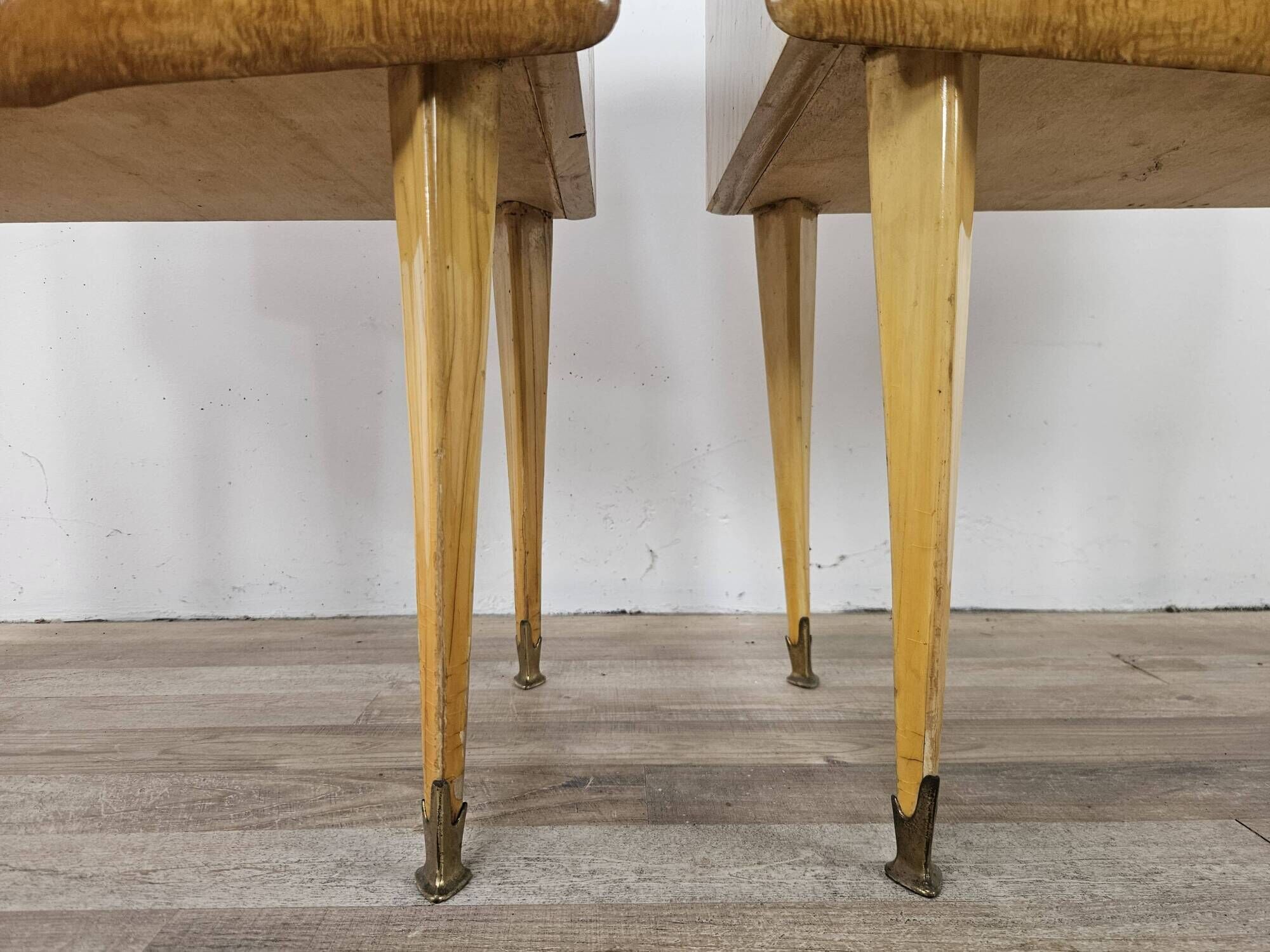 Pair of 1950s maple nightstands with mirrored tops