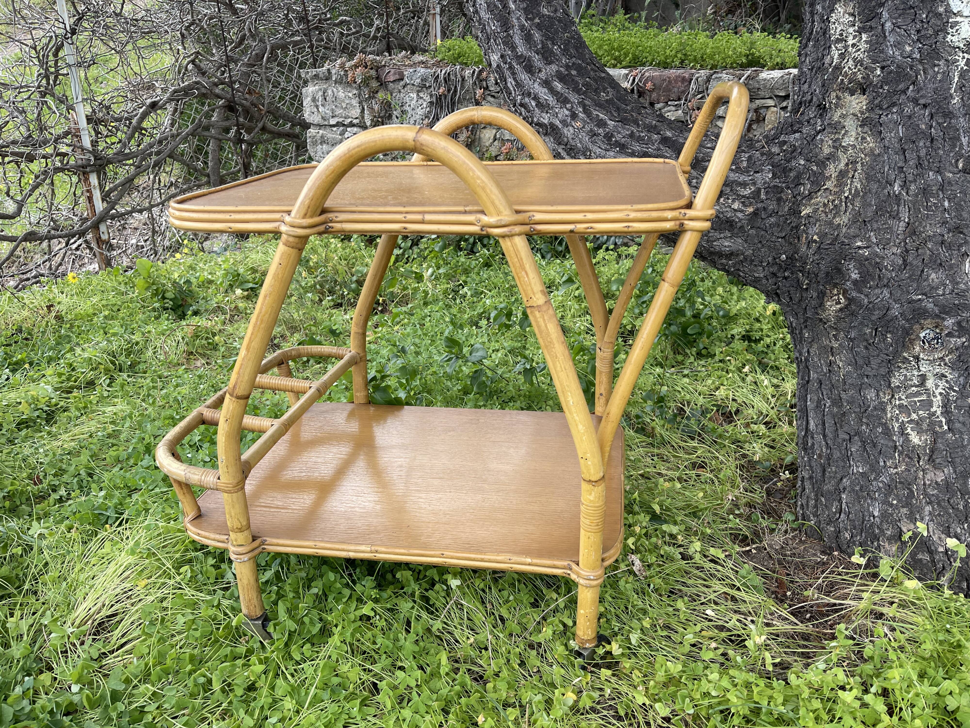 Rattan and oak trolley table