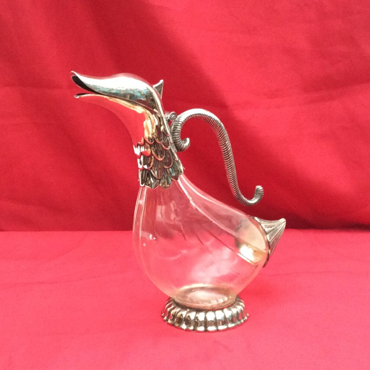Carafe -duck in silver metal and glass signed
