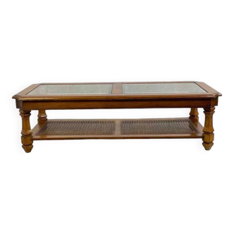 Coffee table in wood, glass and cane
