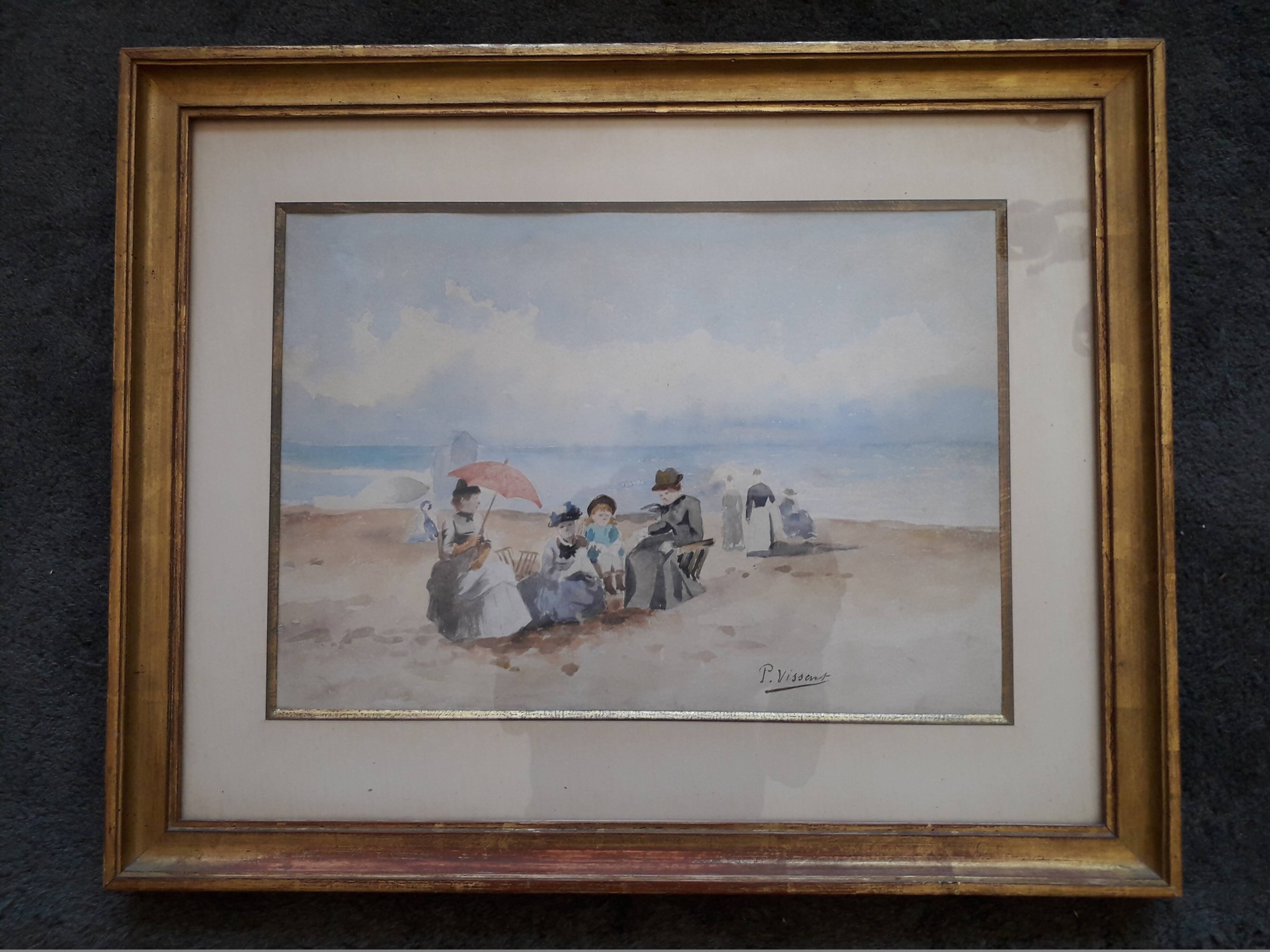 Old painting from the 1920s depicting a seaside scene