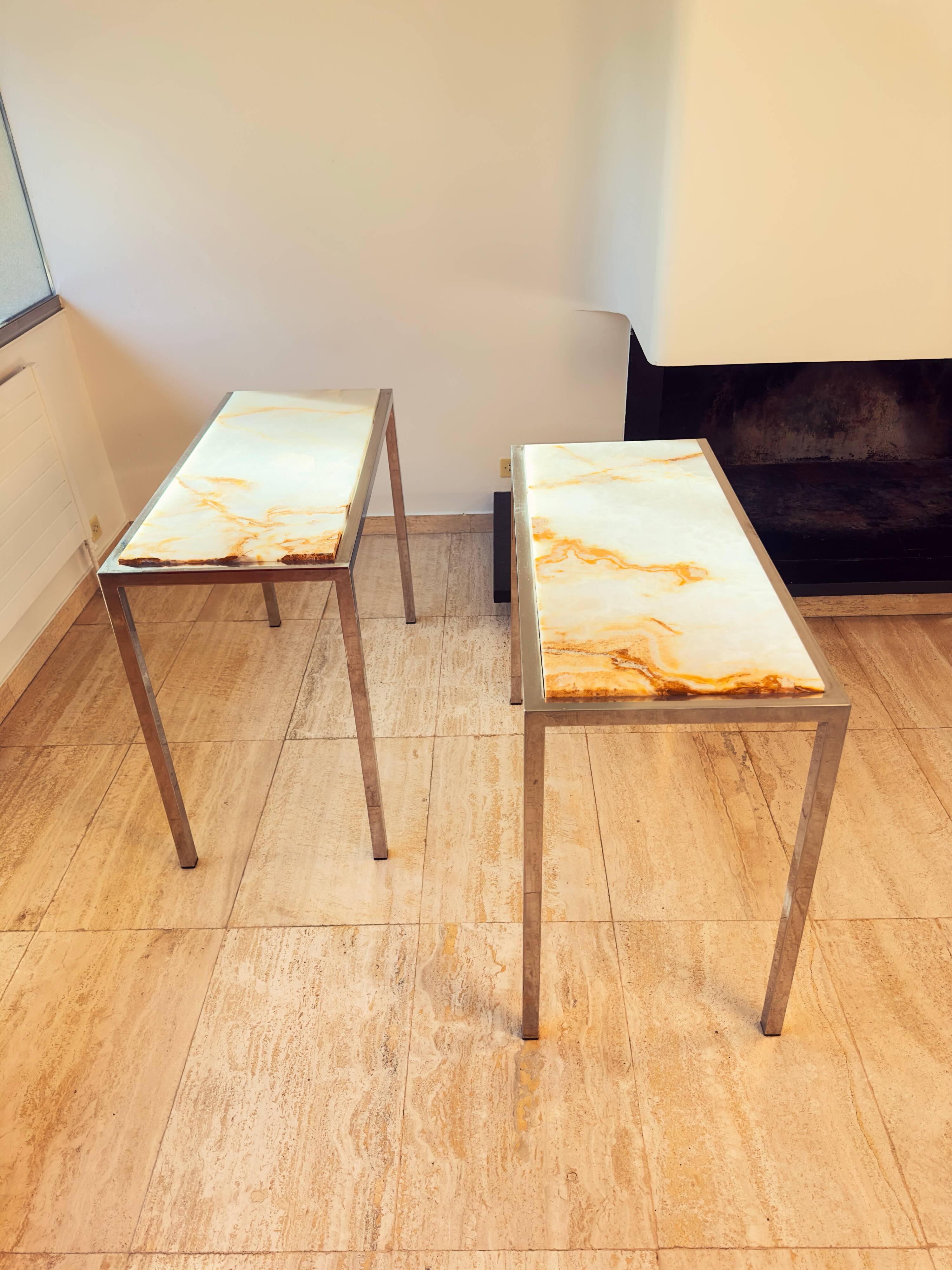 Pair of Italian Console Tables in Marble and Chrome, 1970s