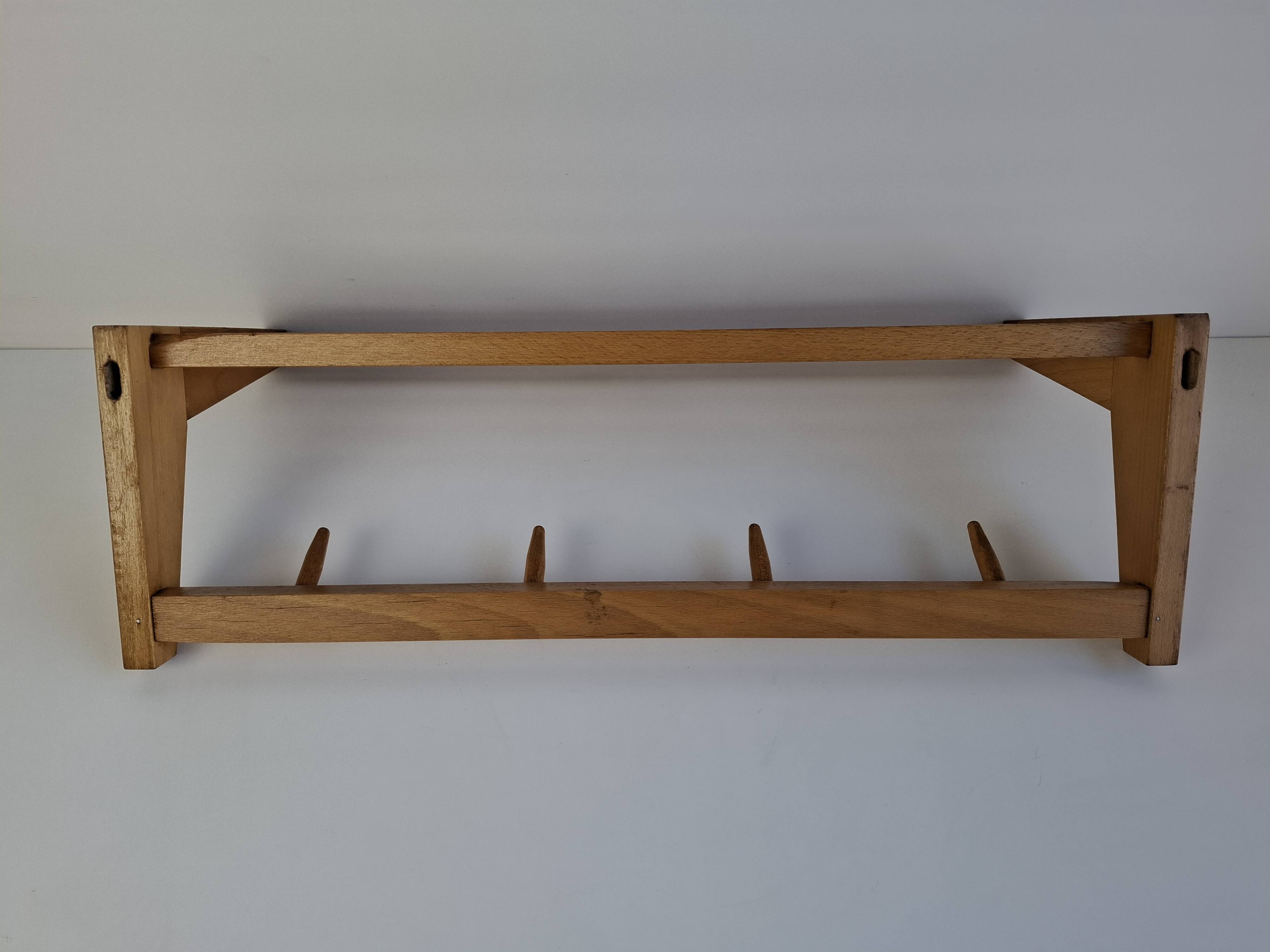 Mid-century Czechoslovak wooden wall coat rack with shelf, Uluv, 1970s