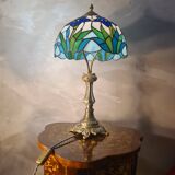 antique bronze floor lamp from the 19th century in superb condition with a beautiful iris glass shade