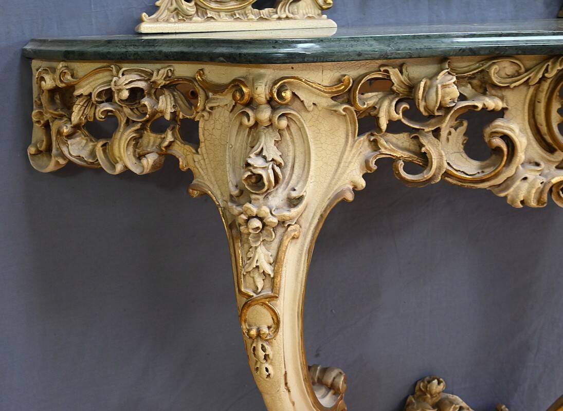 Painted Wooden Console-Mirror Set – 20th Century