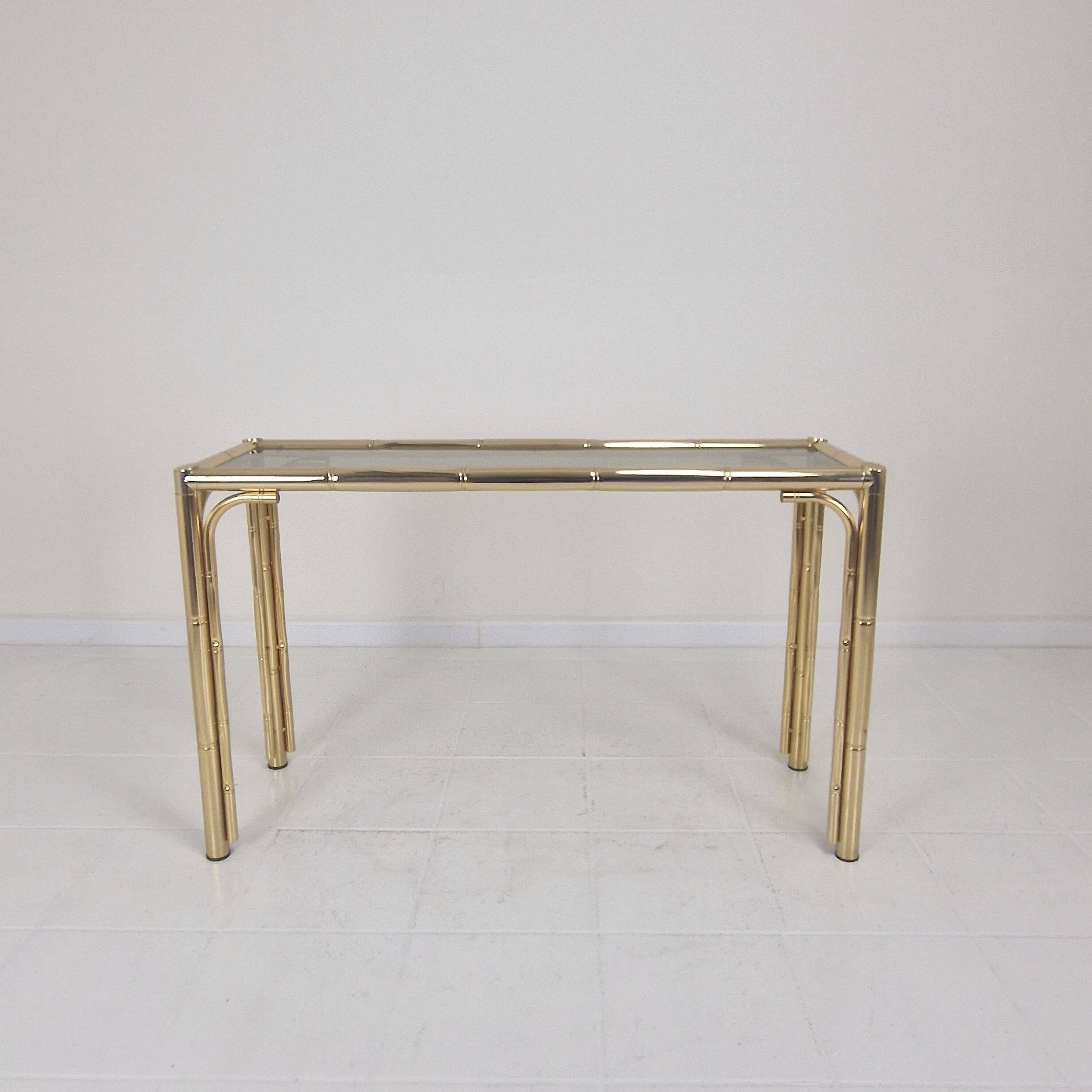 Italian Rectangle Side Table in Brass Bamboo and Smoked Glass, 1970s