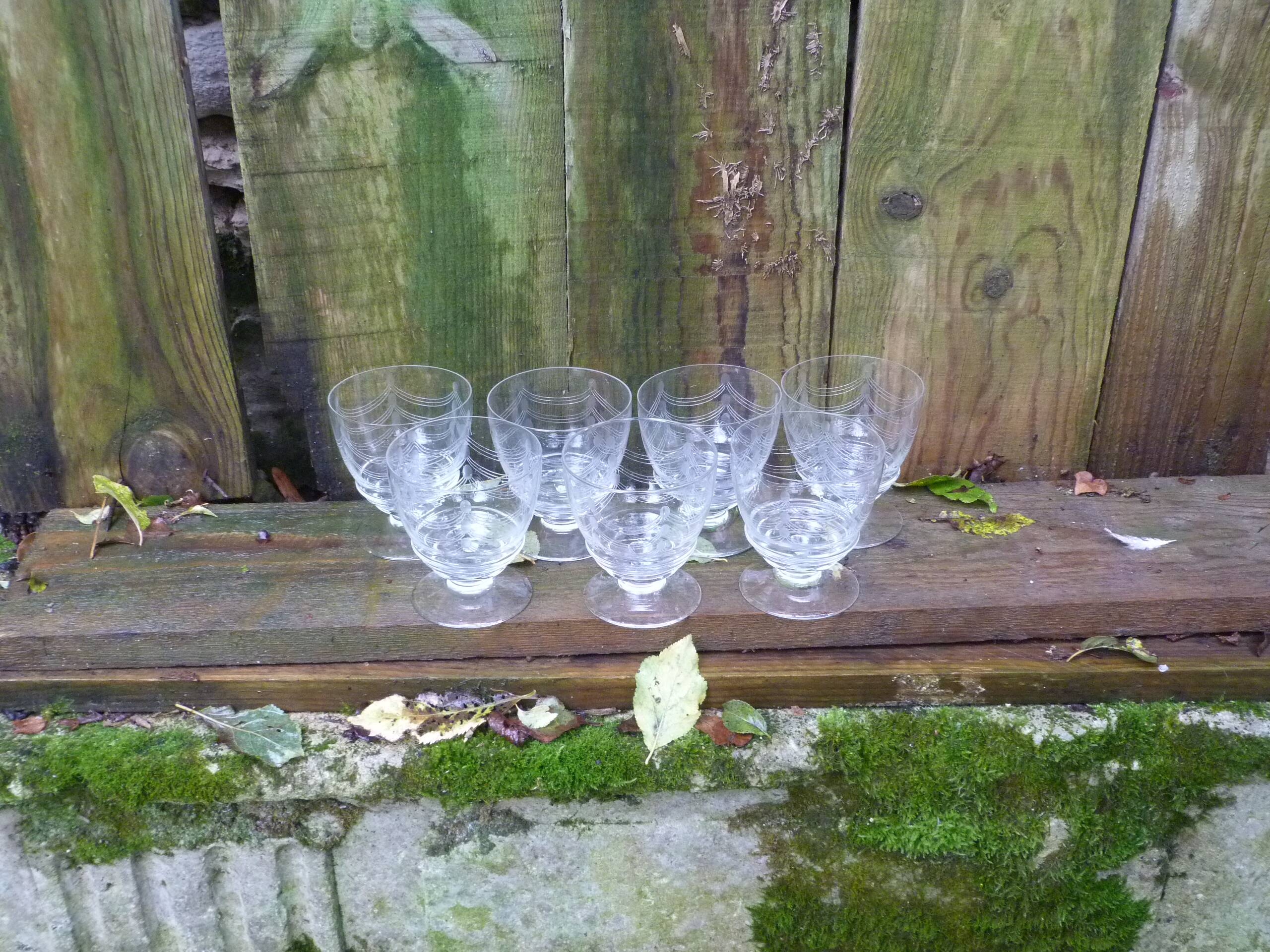Antique engraved crystal stemmed wine glasses set of 7