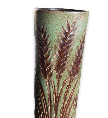 Vase rouleau fond vert midcentury, La Poterie PÉrigourdine