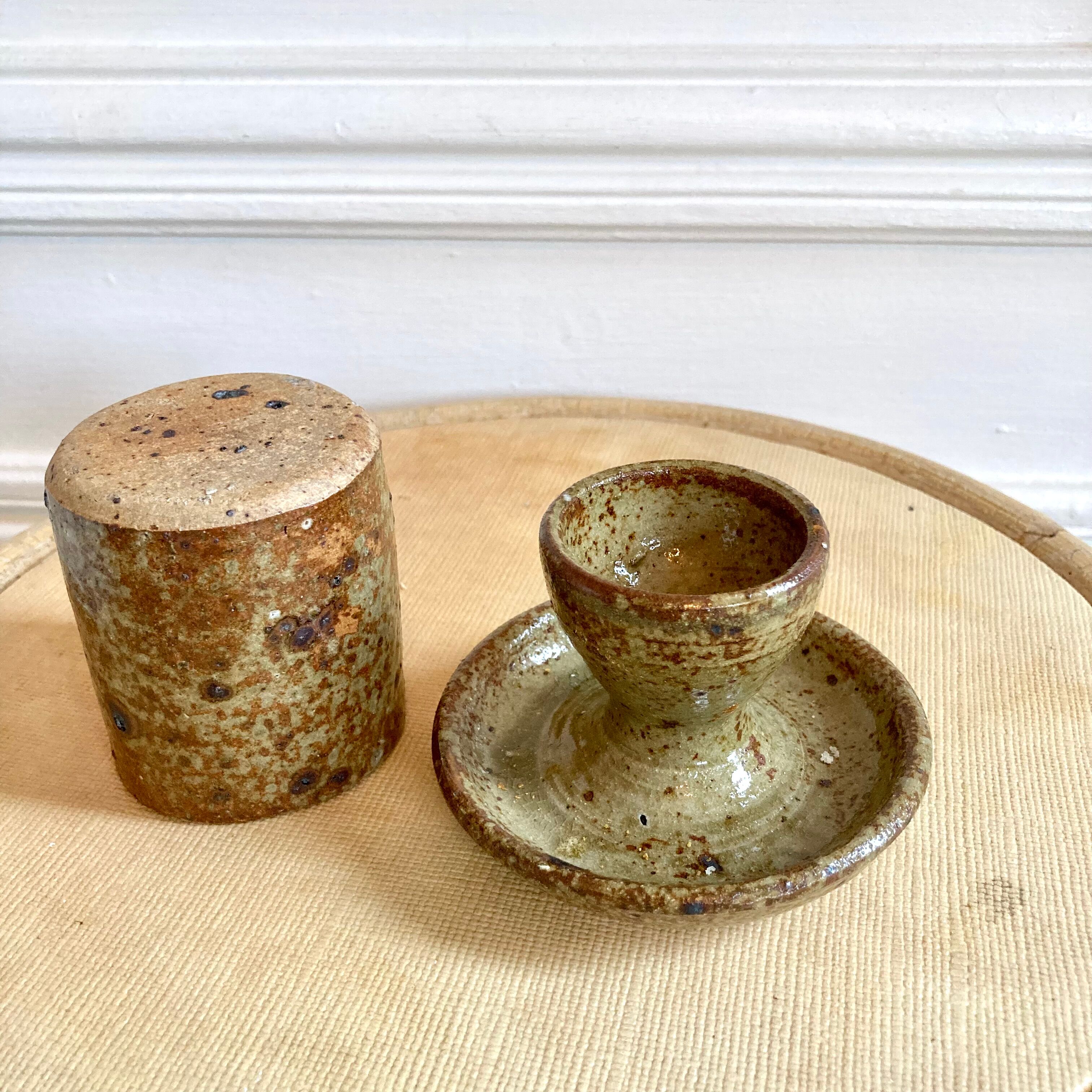 Egg cup and bowl set in pyrite stoneware