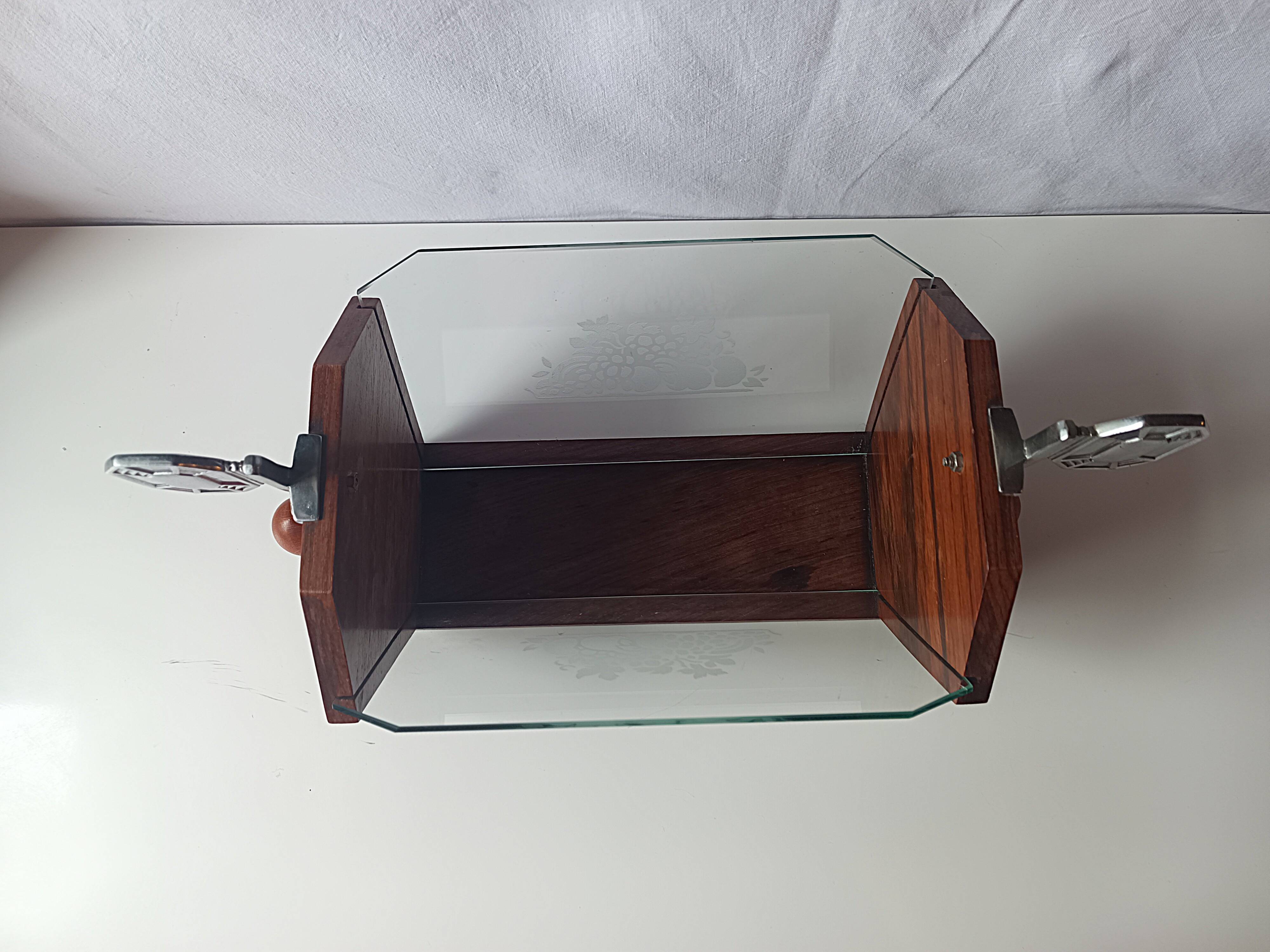 Vintage Art Deco magazine rack wood glass engraved storage furniture