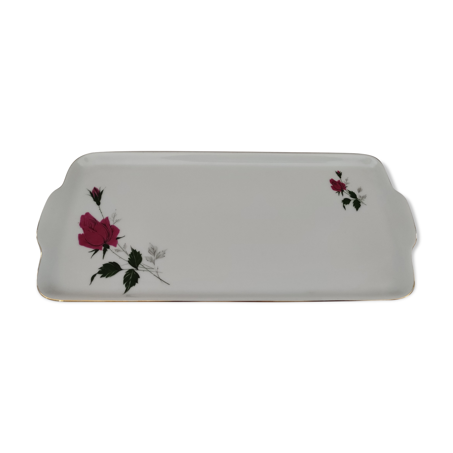 Porcelain ear cake dish Bavaria white décor roses fushia bordered gold