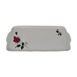 Plat à cake à oreilles en porcelaine Bavaria blanche décor roses fushia liseré doré