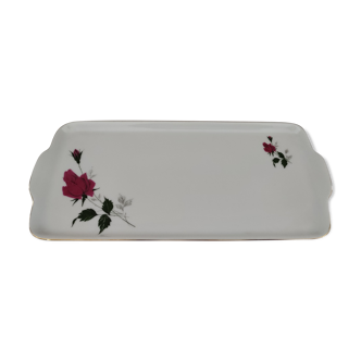Plat à cake à oreilles en porcelaine Bavaria blanche décor roses fushia liseré doré