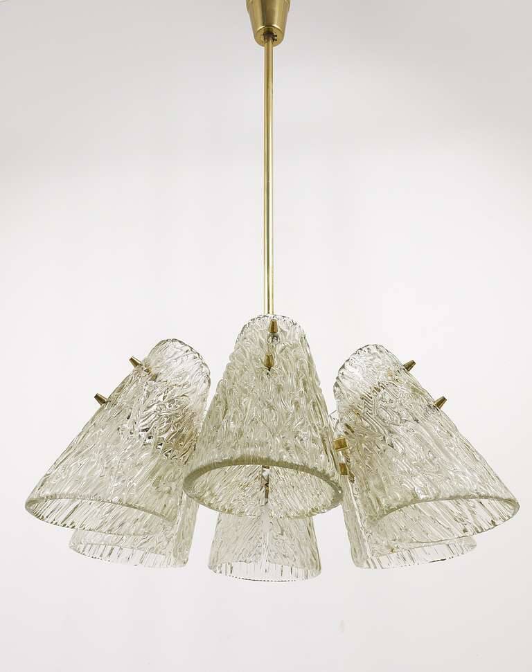 J.T. Kalmar Lustre in Brass, with Textured Glass Shade in Cone Shape, Austria, 1950