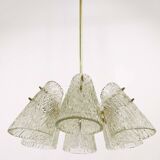 J.T. Kalmar Lustre in Brass, with Textured Glass Shade in Cone Shape, Austria, 1950