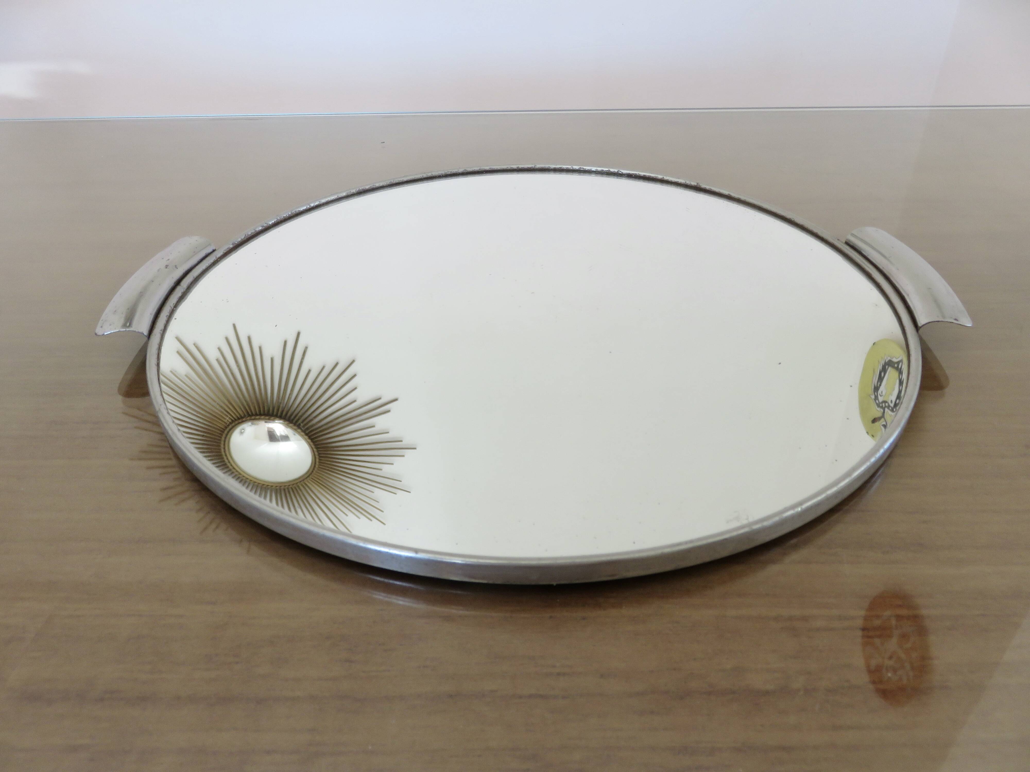 Round mirror tray, in chrome metal, Art Deco, 1930s-1940s