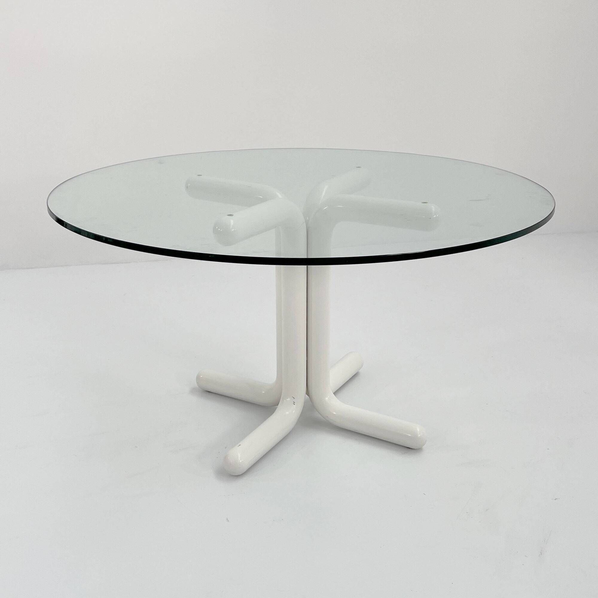 135 cm dining table with thick rounded white wooden legs and glass top, 1980